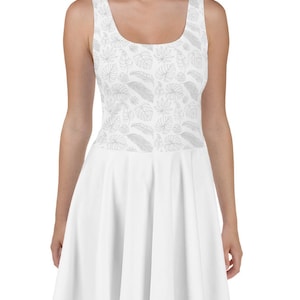 Short White Wedding Dress - Premium Tropical Cocktail Wedding dress, with high quality light gray pattern outline of beautiful leaves.