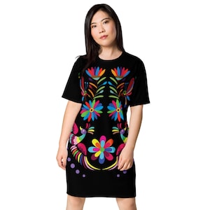 Premium Black Otomi-Style Mexican Shirt Dress Summer Dress with ULTRA high quality unfadeable print of Otomi flower and bird pattern