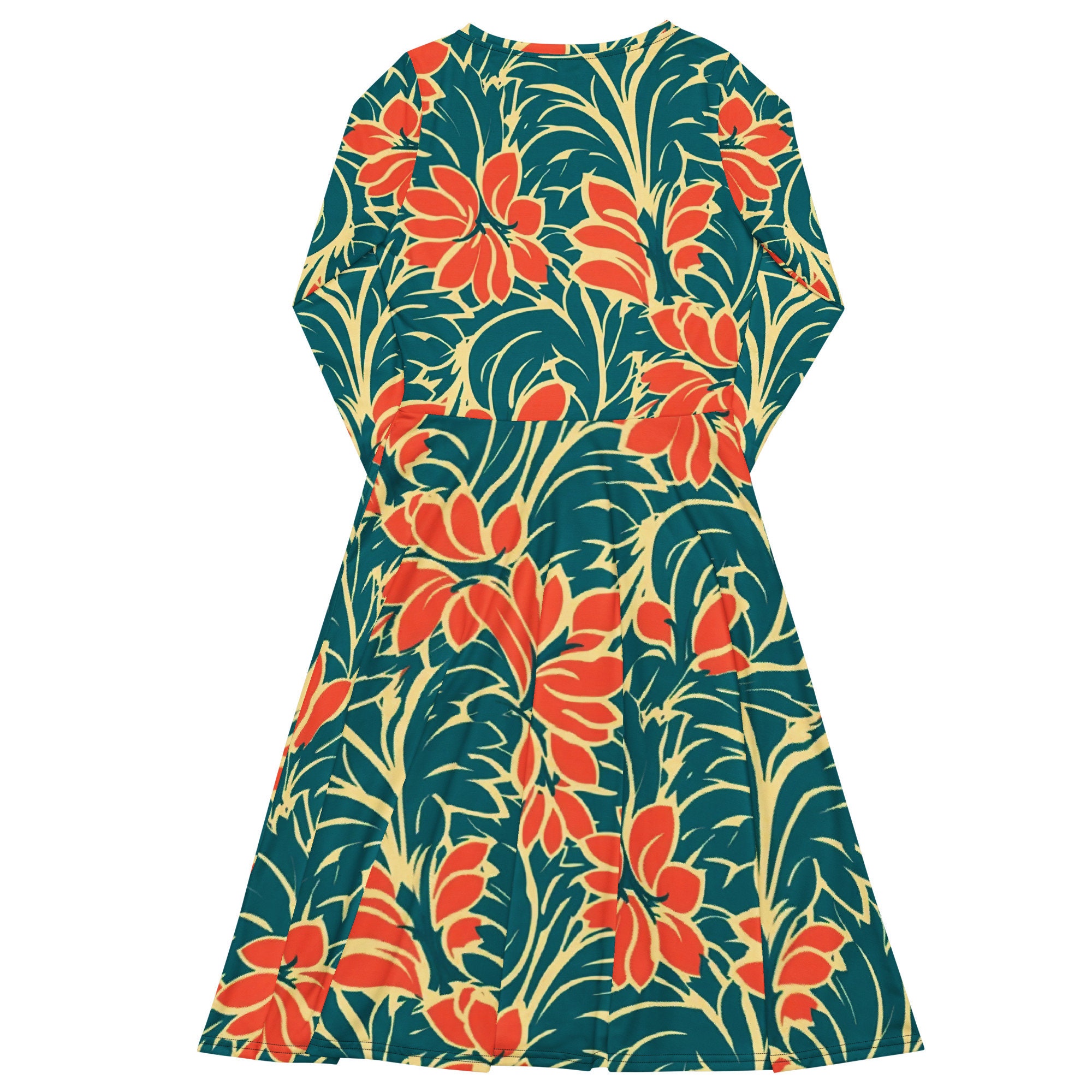 Summer Floral Orange Green All-Over Print Long Sleeve Midi Dress Colorful Leaves Flowers Long Floral Maxi Fabric Pattern