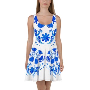 Talavera White Otomi Style Mexican Short Dress Summer Skater Dress deep blue high quality Floral print of Otomi flower and bird pattern.