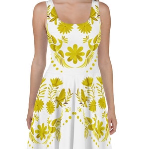 Premium White Otomi-Style Mexican Short Dress - Summer Dress with high quality yellow gold unfadeable print of Otomi flower and bird pattern