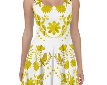 Premium White Otomi-Style Mexican Short Dress - Summer Dress with high quality yellow gold unfadeable print of Otomi flower and bird pattern