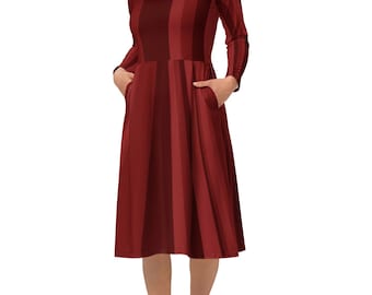 Long sleeve midi Red Dress- Luxury cute formal Burgundy dress with vertical lines in dark grays. Elegant for any formal or informal occasion