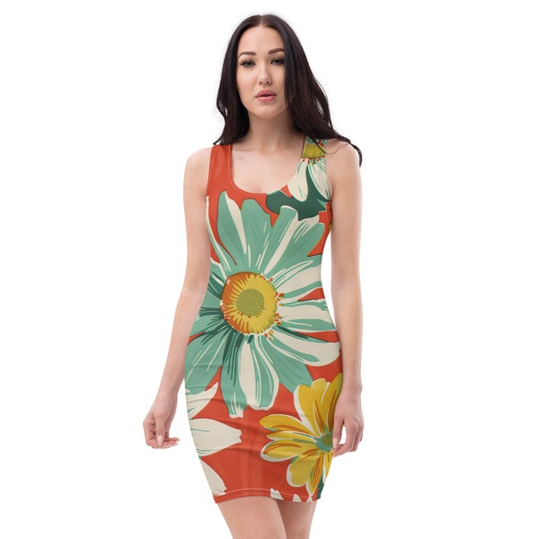 Mexican Bodycon Dress with Large Flowers in red blue and yellow colors. Body con summer tight dress Figure-hugging skintight form-fitting