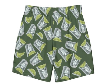 Tequila Shots Herren Premium Badehose - Grüne Badehose im mexikanischen Stil mit Muster aus Limetten und Caballito Gläsern.