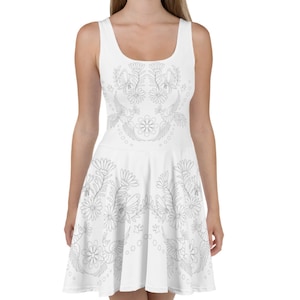 Alternative Wedding dress - White long sleeve Otomi Style dress with pockets, minimalist floral bridal outfit for a more relaxed ceremony.