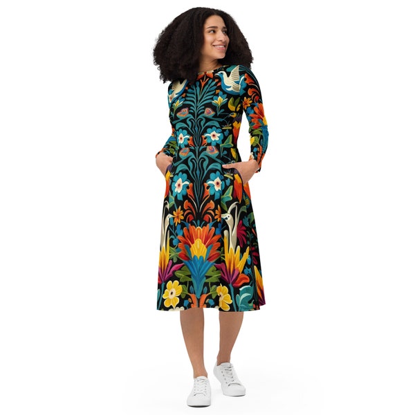 Black Dress Mexican Summer long sleeve midi dress Otomi Style long baggy dress with Colorful symmetric print of birds plants flowers