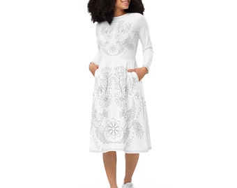 Alternative Wedding dress - White long sleeve Otomi Style dress with pockets, minimalist floral bridal outfit for a more relaxed ceremony.