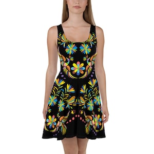 Premium Black Otomi-Style Mexican Short Dress Skater Summer Dress with ULTRA high quality unfadeable print of Otomi flower and bird pattern