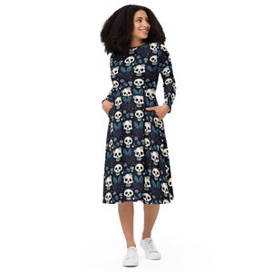 Skeleton Skull All-over print long sleeve midi dress Day of the Dead Pattern Halloween Cinco de Mayo Calaca Goth Dress