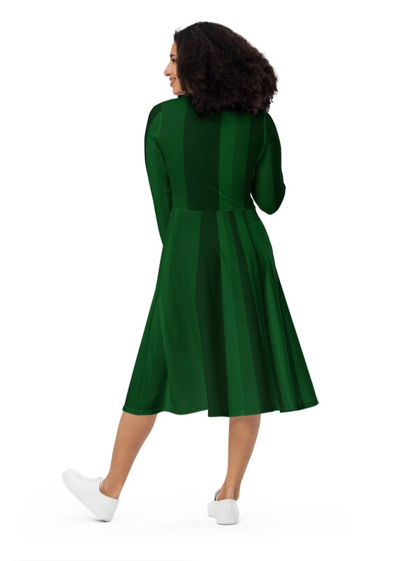 Long sleeve Emerald Evening Dress Luxury cute formal Olive Dress with vertical lines in dark greens Elegant for any formal/informal occasion