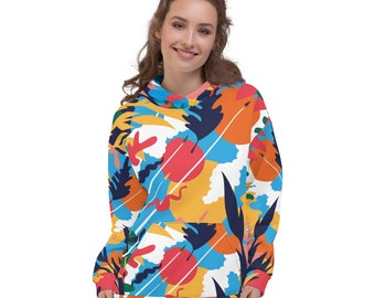 May include: A blue, yellow, orange, and red patterned hoodie with a drawstring hood.