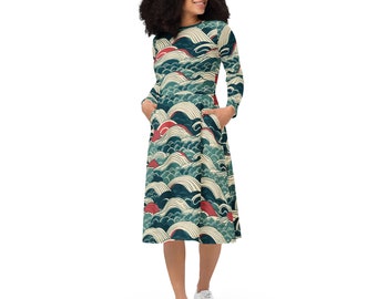 Hokusai Katsushika Waves Vestido japonés Vestido midi de manga larga con estampado total Vintage Blue Pattern Japón Kimono