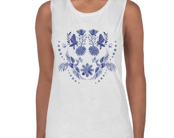 May include: White sleeveless shirt with a blue floral design featuring birds and butterflies.