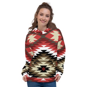 Premium Mexican Serape Hoodie - Jumper With high quality unfadeable print of Triagle Geometric Pattern in Black and maroon zarape.
