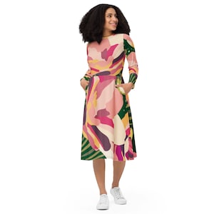 pink dress with green palm leaves Victoria Dunn Quinn Dahlia Dress