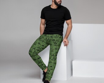Military green Men&#39;s Pants Trousers - Mexico Tulum Style relaxed Joggers, with artistic, minimalist and abstract linear art sketch of faces.