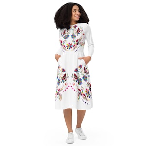 White Otomi Mexican Midi Dress - Long sleeve Summer Dress with pockets and high quality un-fadeable print of Otomi flower and bird pattern.