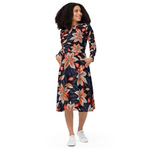 Floral Embroidery All-over Print long sleeve midi dress Black Red Gray Elegant Flower Long Dress Thick Thread Haute Couture pattern