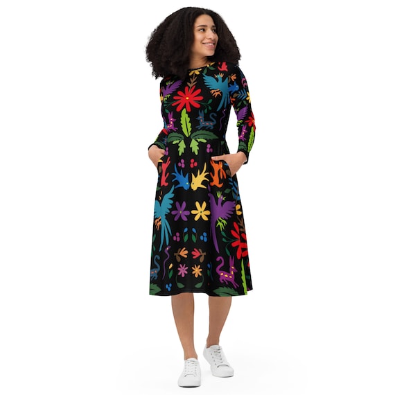 Premium Black Otomi-Style Mexican Long Dress - Midi Long Sleeve Dress with High Quality Unfadeable Print of Otomi Plants and Animal Pattern.
