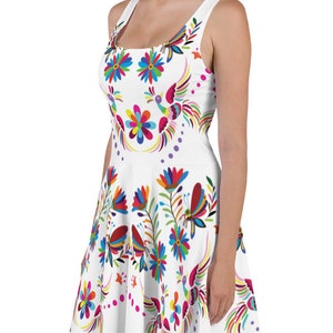 Premium White Otomi-Style Mexican Short Dress Skater Summer Dress with ULTRA high quality unfadeable print of Otomi flower and bird pattern