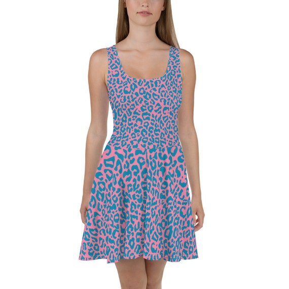 Elegant Leopard Print Skater Dress, unfadeable Leopard pattern, Skater Dress, Pink and Blue Animal Print, Short Dress Skater Summer Dress Elegant Leopard Print Skater Dress, unfadeable Leopard pattern, Skater Dress, Pink and Blue Animal Print, Short Dress Skater Summer Dress