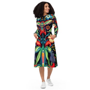 Black Dress Mexican Summer long sleeve midi dress Otomi Style long baggy dress with Colorful symmetric print of birds plants flowers