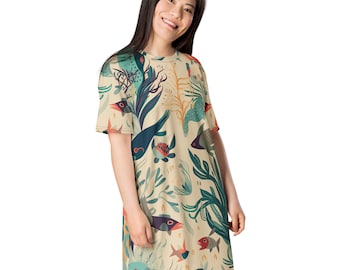 Cream Sea life Mexican Dress short sleeve T shirt dress baggy dress with Colorful Fish Algae symmetric Tropical print Sealife shirtDress