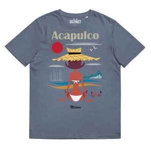 Koszulka Acapulco UNISEX Bawełna organiczna Koszulka Acapulco vintage wysokiej jakości nadruk kobiety siedzącej na plaży kreskówka vintage Meksyk koszula