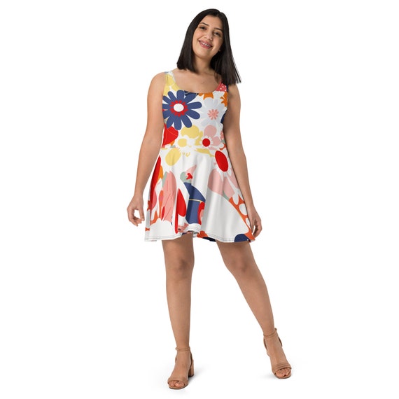 Short Tropical Dress All over print Mexican colorful long Dress with shapes in red yellow and blue over a White background Skater Dress