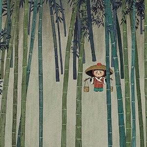 Set van 2 Japanse print en ansichtkaart, A3 poster, Bamboebos wenskaart, Aziatische doodle kunstset, Aziatische illustratie moderne stijl