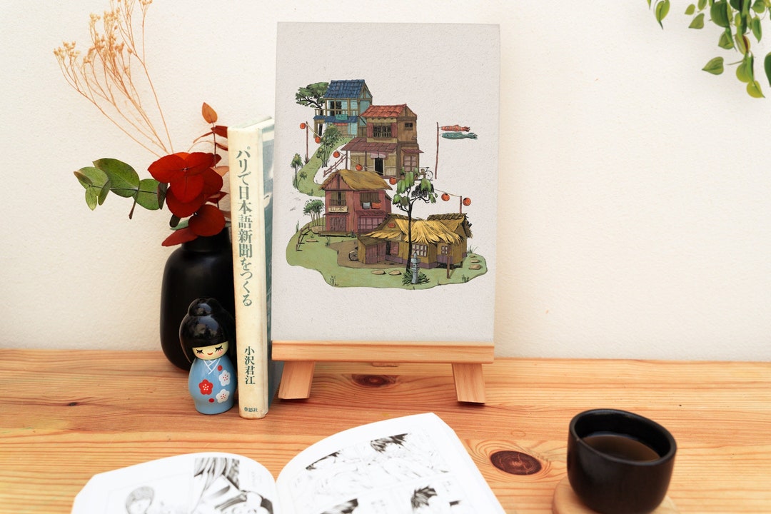 Japanese Rural Houses Art Print, Oriental Cottage Landscape Cartoon ...