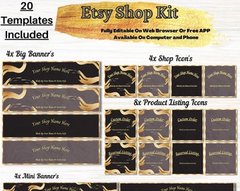 Puede incluir: Un kit digital de tienda Etsy con 20 plantillas para banners, iconos de tienda e iconos de listado de productos. Las plantillas presentan un esquema de color negro y dorado con un diseño de cinta ondulada. El texto "Etsy Shop Kit" se muestra en una fuente dorada.