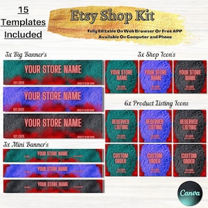 May include: A digital design kit for Etsy shops with 15 templates, including 3 large banners, 3 shop icons, and 6 product listing icons. The templates feature a red, blue, and green color scheme with a textured background.