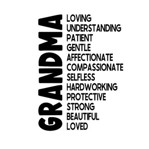 Oma, Liefdevol, Begripvol, Geduldig, Zachtaardig, Aanhankelijk, Medelevend, Onbaatzuchtig, Hardwerkend, Beschermend, Sterk, Mooi, Geliefd