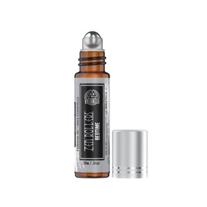 May include: A brown glass essential oil roller bottle with a silver rollerball and cap. The label reads "ZEN ROLLERS BEDTIME" and "10ML | 1.3FLOZ". The product is labeled "ESSENTIAL OIL - HUILE ESSENTIELLE" and features the Valhalla logo.
