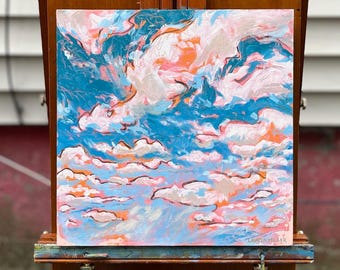 キャンバスに描かれた大きなオリジナル油絵、青い空とカラフルな森の絵、リビングルームの壁アート、手描きの重厚な質感のインパスト絵画　アートパネル 壁掛け インテリア モダン 絵画 おしゃれ デコレーション キャンバスに描かれた大きなオリジナル油絵、青い空とカラフルな森の絵、