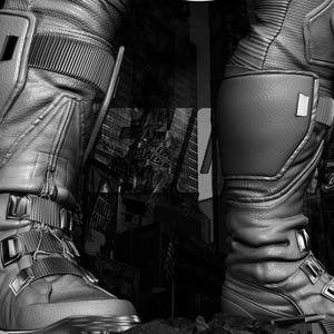 May include: Black and white image of futuristic boots with multiple straps and panels. The boots have a textured appearance and are detailed with various design elements. The text "AVENGERS ASSEMBLE" is visible in the upper left corner.