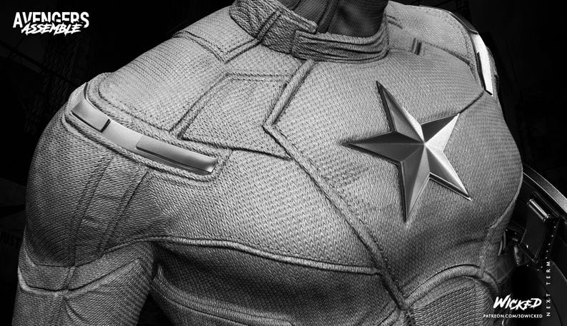 May include: Close-up of a Captain America costume in grayscale. The costume features a large, metallic star emblem on the chest and textured fabric. The words "Avengers Assemble" are visible in the upper left corner.