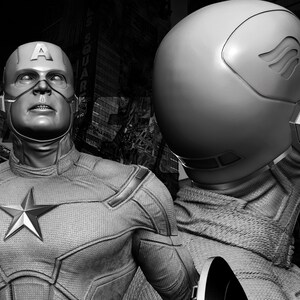 May include: A grayscale image of a Captain America figure, with a star emblem on the chest. The figure is wearing a helmet with the letter "A" on the forehead. The words "Avengers Assemble" are in the top left corner.