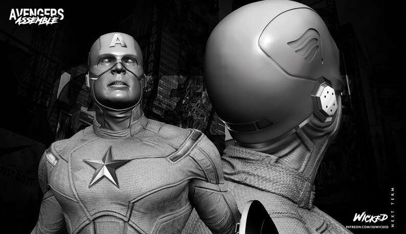 May include: A grayscale image of a Captain America figure, with a star emblem on the chest. The figure is wearing a helmet with the letter "A" on the forehead. The words "Avengers Assemble" are in the top left corner.