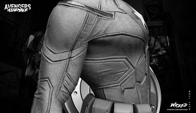May include: Black and white image of a superhero costume, featuring textured fabric and geometric paneling. The costume includes a utility belt and a portion of a shield. The words "Avengers Assemble" are visible in the upper left corner.