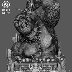 May include: A grayscale resin and FDM statue of a scene from The Lord of the Rings. It features a large, monstrous creature with a chain collar, and a warrior figure with a bow. The base includes skulls and the text "The Lord of the Rings".