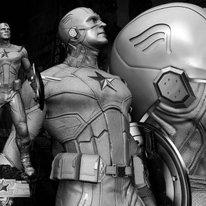May include: Black and white image of a Captain America statue. The statue is in a heroic pose, holding a shield. The image includes the text "Avengers Assemble" and "Wicked".