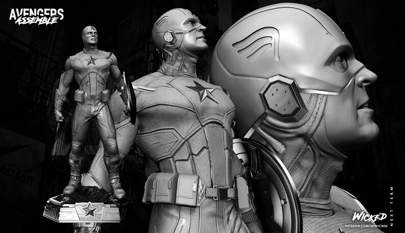 May include: Black and white image of a Captain America statue. The statue is in a heroic pose, holding a shield. The image includes the text "Avengers Assemble" and "Wicked".