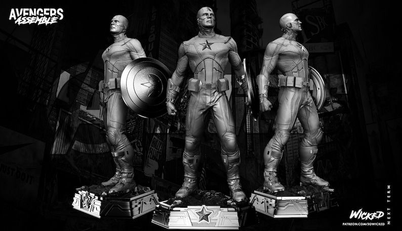 May include: Black and white statues of Captain America in a dynamic pose, holding his shield. The statues are on detailed bases, with the Avengers Assemble logo in the top left corner. The background is a cityscape.