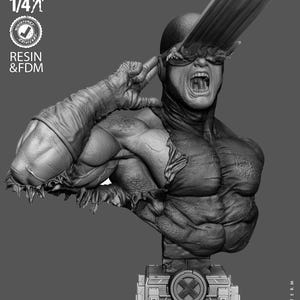 May include: A grayscale bust of a superhero with a visor and a head covering, screaming with his mouth open. The figure is muscular and detailed, with a textured appearance. The base features an X-Men logo and the text "WICKED NEXT TERM".
