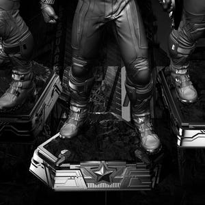 May include: Black and white image of three figures in futuristic attire, each standing on a geometric platform. The figures wear boots and armored pants. The words "Avengers Assemble" are at the top left.