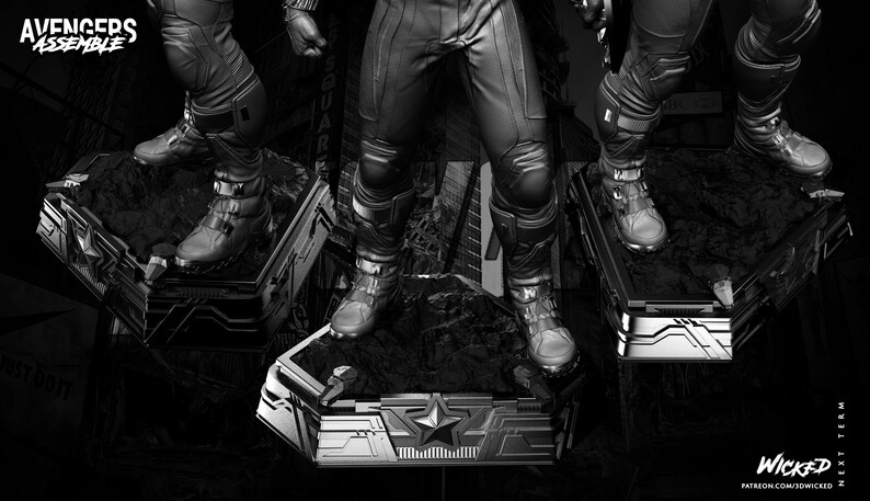 May include: Black and white image of three figures in futuristic attire, each standing on a geometric platform. The figures wear boots and armored pants. The words "Avengers Assemble" are at the top left.