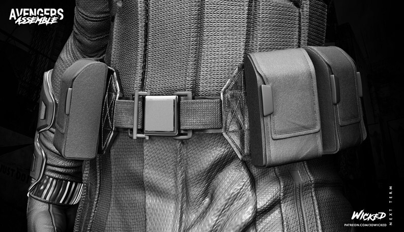 May include: Black and white image of a costume belt with pouches and a metallic buckle. The belt is part of a detailed outfit, with the text "AVENGERS ASSEMBLE" in the upper left corner. The image has a dark, dramatic aesthetic.